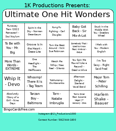 Ultimate One Hit Wonders Bingo Card