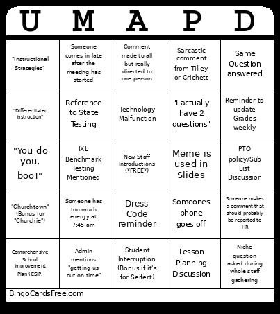 UMA PD Bingo Card