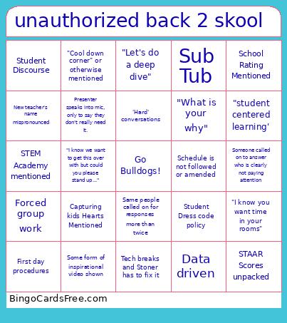Unauthorized Back 2 Skool Bingo Card