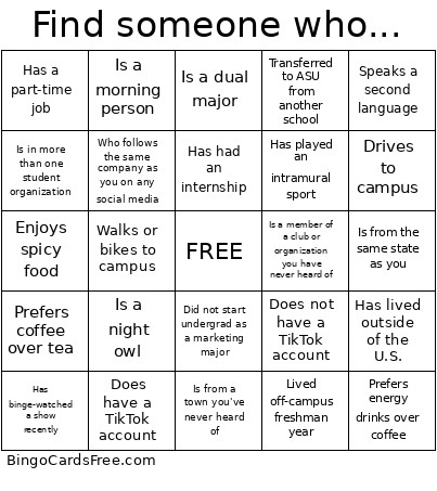 Undergraduate Ice Breakers Bingo Card