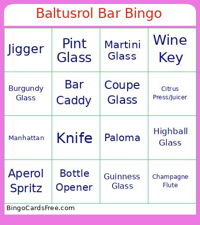 Understanding the Bar & Crafting Cocktails Bingo Cards Free Pdf Printable Game, Title: Baltusrol Bar Bingo