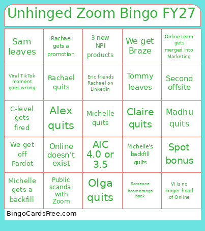 Unhinged Zoom FY27 Bingo Card