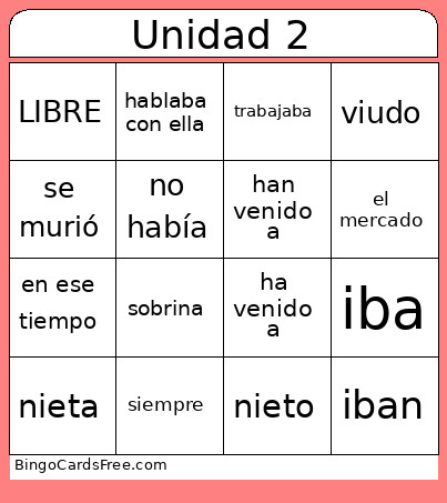 Unidad 2 Bingo Card