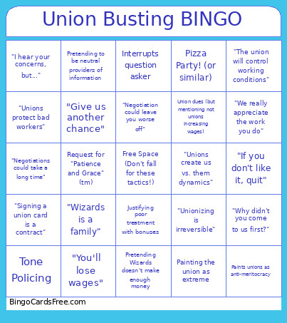 Union Busting Bingo Card
