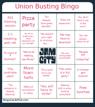 Union Busting Bingo Card