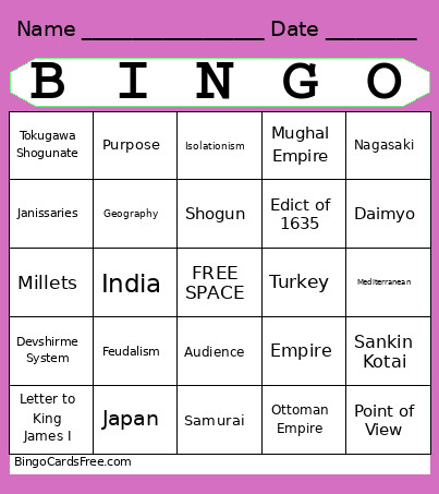 Unit 1 Bingo Card