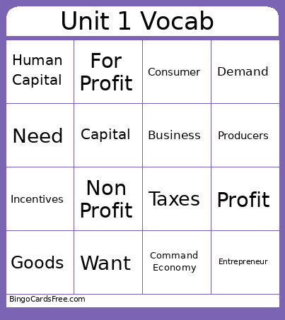 Unit 1 Vocab Bingo Card