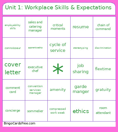 Unit 1: Workplace Skills & Expectations Bingo Card