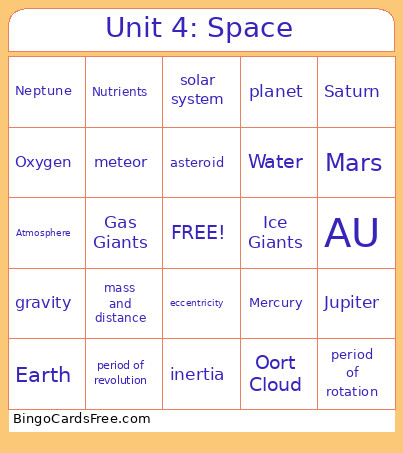 Unit 4: Space Bingo Card