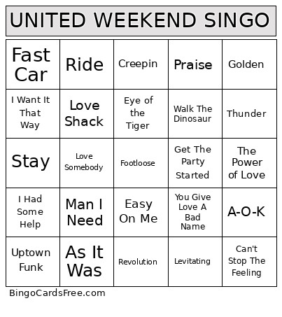 UNITED WEEKEND SINGO Bingo Card
