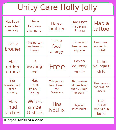 Unity Care Holly Jolly Bingo Card
