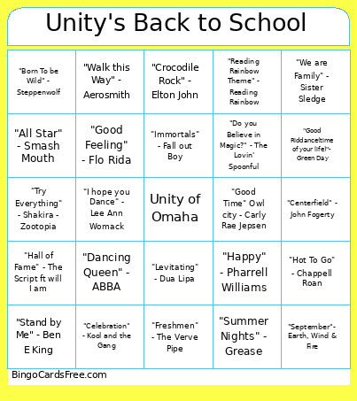 Unity's Back To School Bingo Card