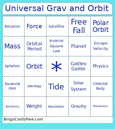 Universal Grav and Orbit Bingo Cards Free Pdf Printable Game, Title: Universal Grav and Orbit