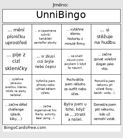 Unni Bingo Card