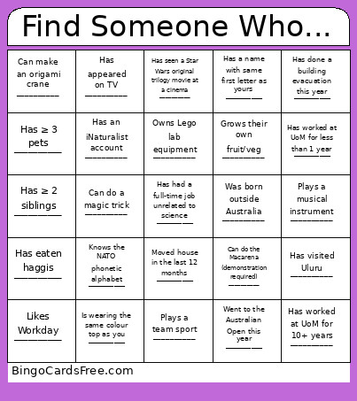 UoM Science Icebreaker Bingo Card