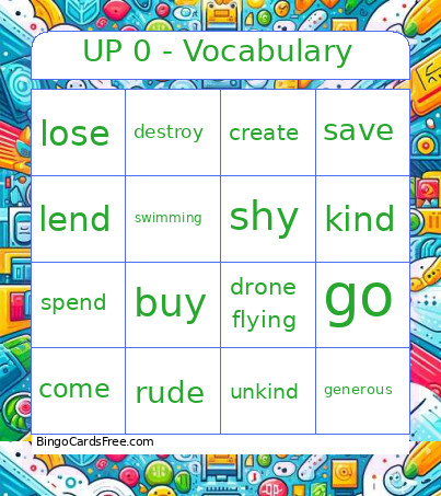 UP 0 - Vocabulary Bingo Card