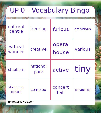 UP 0 - Vocabulary Bingo Card