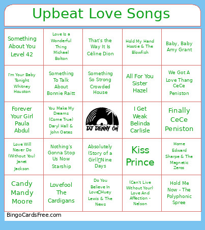Upbeat Love Songs Bingo Card
