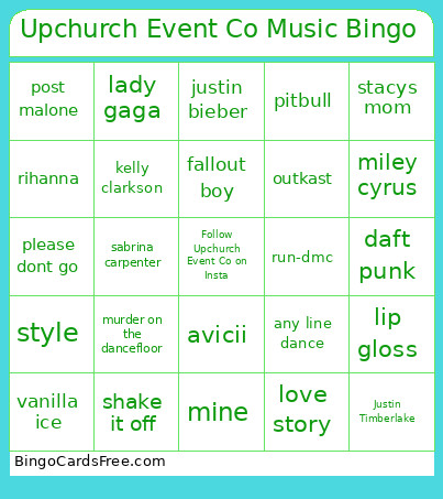 Upchurch Event Co Music Bingo Card