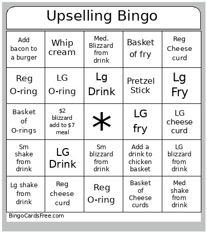 Upselling Bingo Card