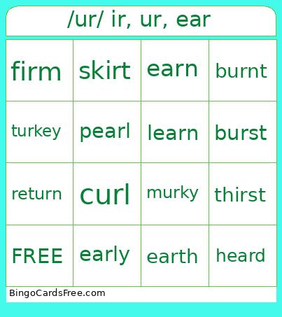 /ur/ Ir, Ur, Ear Bingo Card