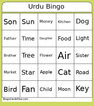 Urdu Nouns Bingo Card