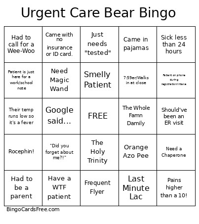 Urgent Care Bear Bingo Card