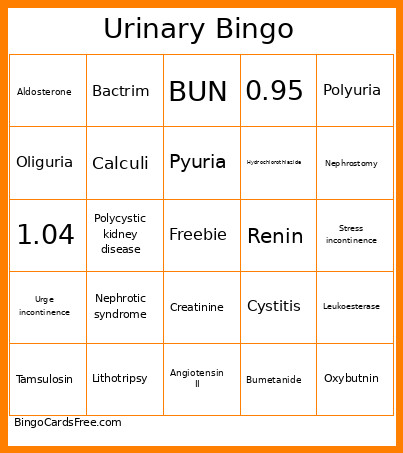 Urinary Bingo Card