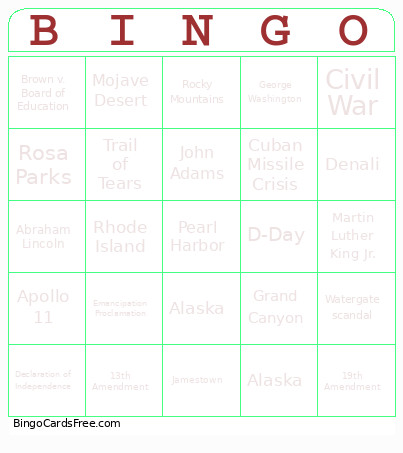 US History Bingo Card