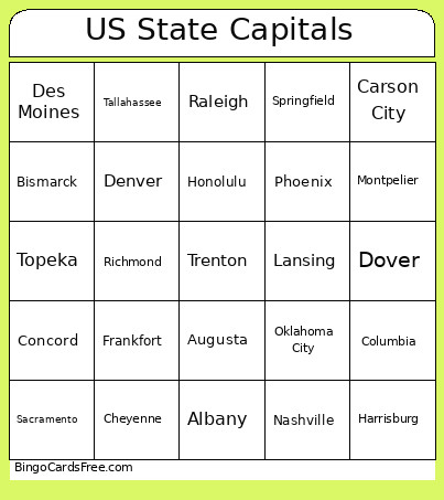 US State Capitals Bingo Card