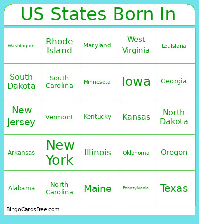 US States Born In Bingo Card