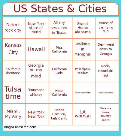US States & Cities Bingo Card