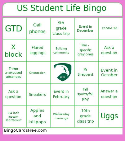 US Student Life Bingo Card