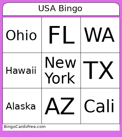 USA Bingo Card