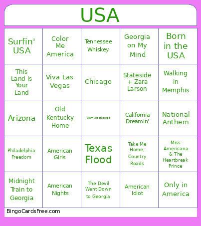 Usa Bingo Card