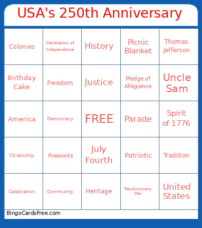 USA's 250th Anniversary Bingo Card