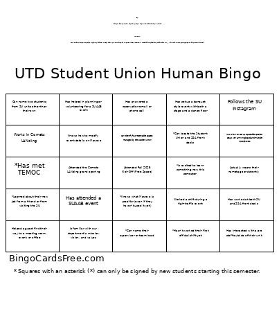 UTD Student Union Human Bingo Card