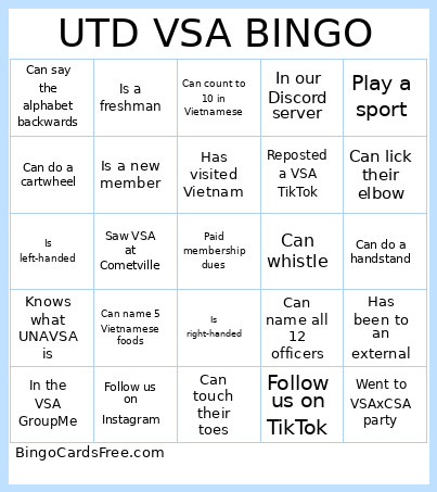 UTD VSA Bingo Card