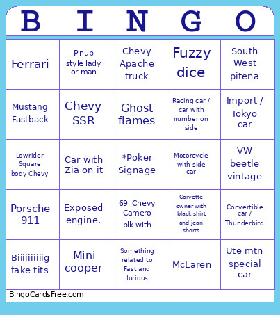 UTE Car Show Bingo Card