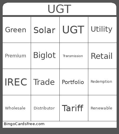 Utility Green Tariff Bingo Cards Free Pdf Printable Game, Title: UGT