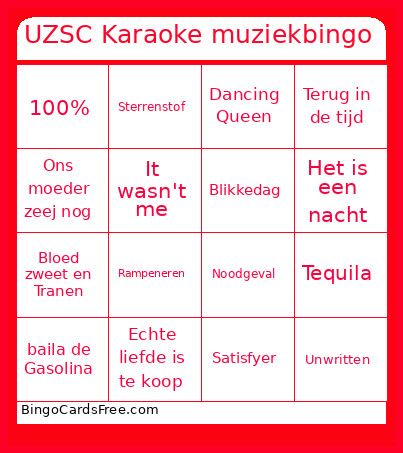 UZSC Karaoke Muziek Bingo Card