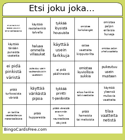 Vaatteet Ja Värit Bingo Card