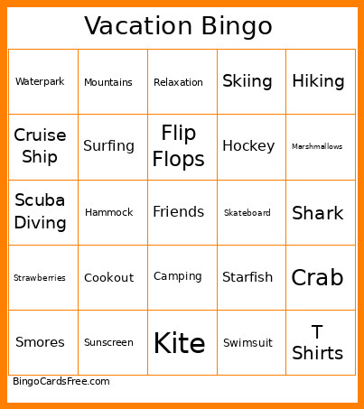 Vacation Bingo Card