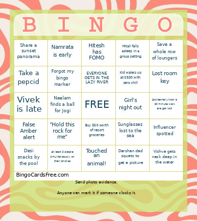 Vacation Bingo Card