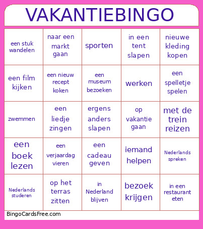 Vakantie Bingo Card
