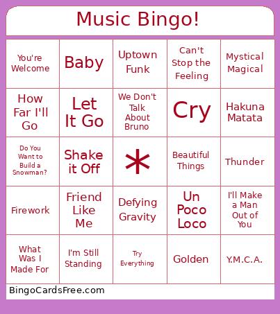 Val Music Bingo Card