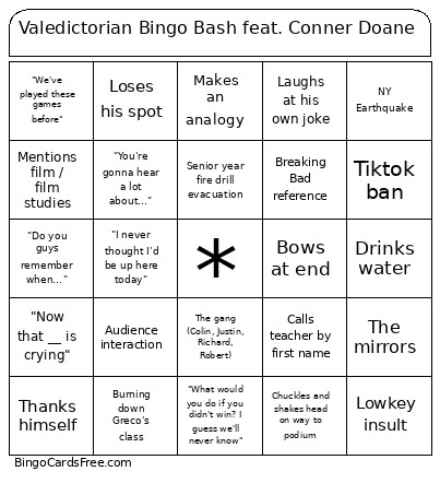 Valedictorian Bash Feat. Conner Doane Bingo Card