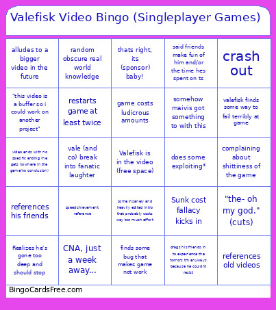 Valefisk Video (Singleplayer Edition) Bingo Card