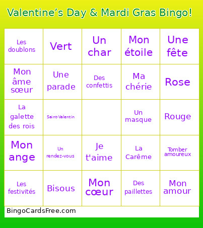 Valentine’s Day & Mardi Gras ! Bingo Card 2