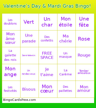 Valentine’s Day & Mardi Gras ! Bingo Card